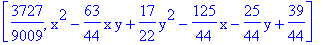 [3727/9009, x^2-63/44*x*y+17/22*y^2-125/44*x-25/44*y+39/44]